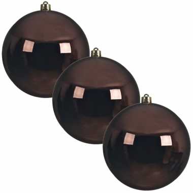 3x grote donkerbruine kerstballen van 20 cm glans van kunststof