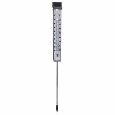 Buiten solar thermometer met wit led licht van aluminium 6.5 x 80 cm