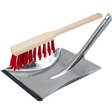 Stoffer en blik zilver/rood van rvs/hout inclusief lip voor buiten