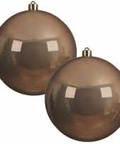 2x grote camel bruine kerstballen 20 cm glans van kunststof