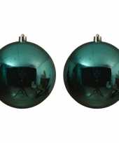 2x grote turquoise kerstballen van 14 cm glans van kunststof