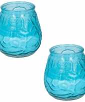 Set van 4x stuks citronella lowboy tafelkaarsen 10 cm blauw glas